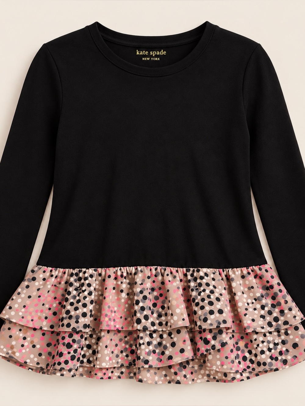 kate spade Black Long-Sleeve Top with Polka Dot Ruffle Hem